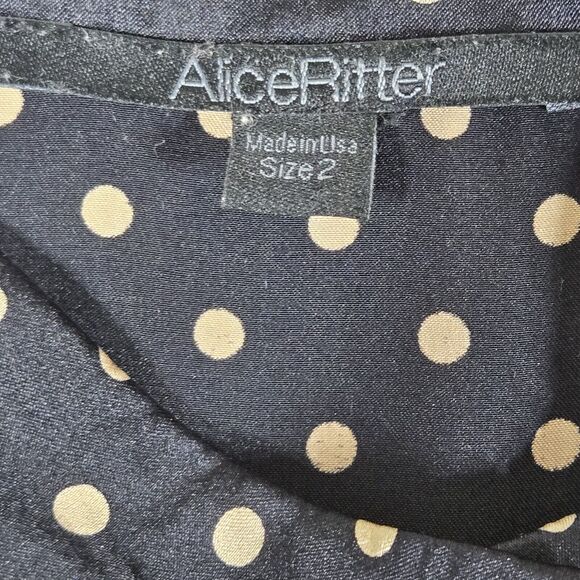 Alice Ritter Shirt Dress Womens 2 100% Silk Black Gold Polka Dot Rounded Hem - Picture 4 of 9